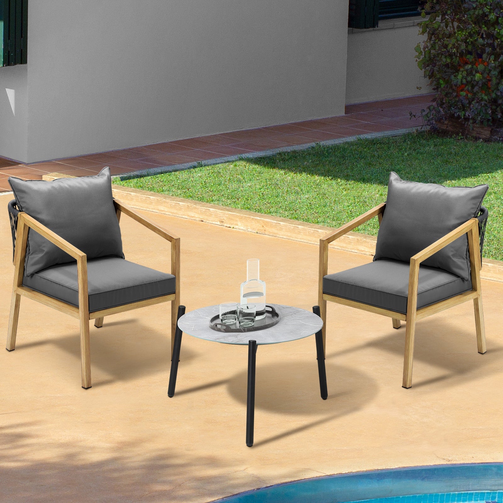 Livsip 3PCS Outdoor Patio Setting Furniture Lounge Set Grey 50cm Coffee Table - Sunyee
