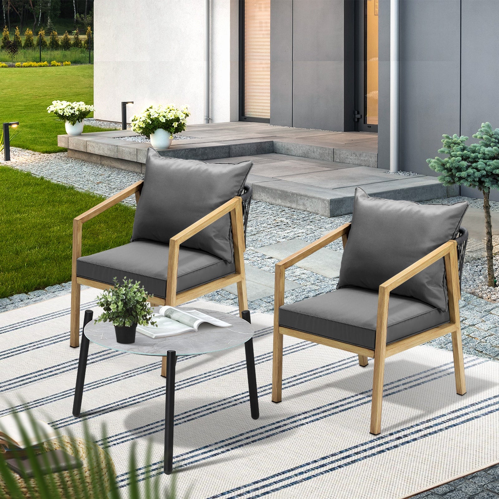Livsip 3PCS Outdoor Patio Setting Furniture Lounge Set Grey 50cm Coffee Table - Sunyee