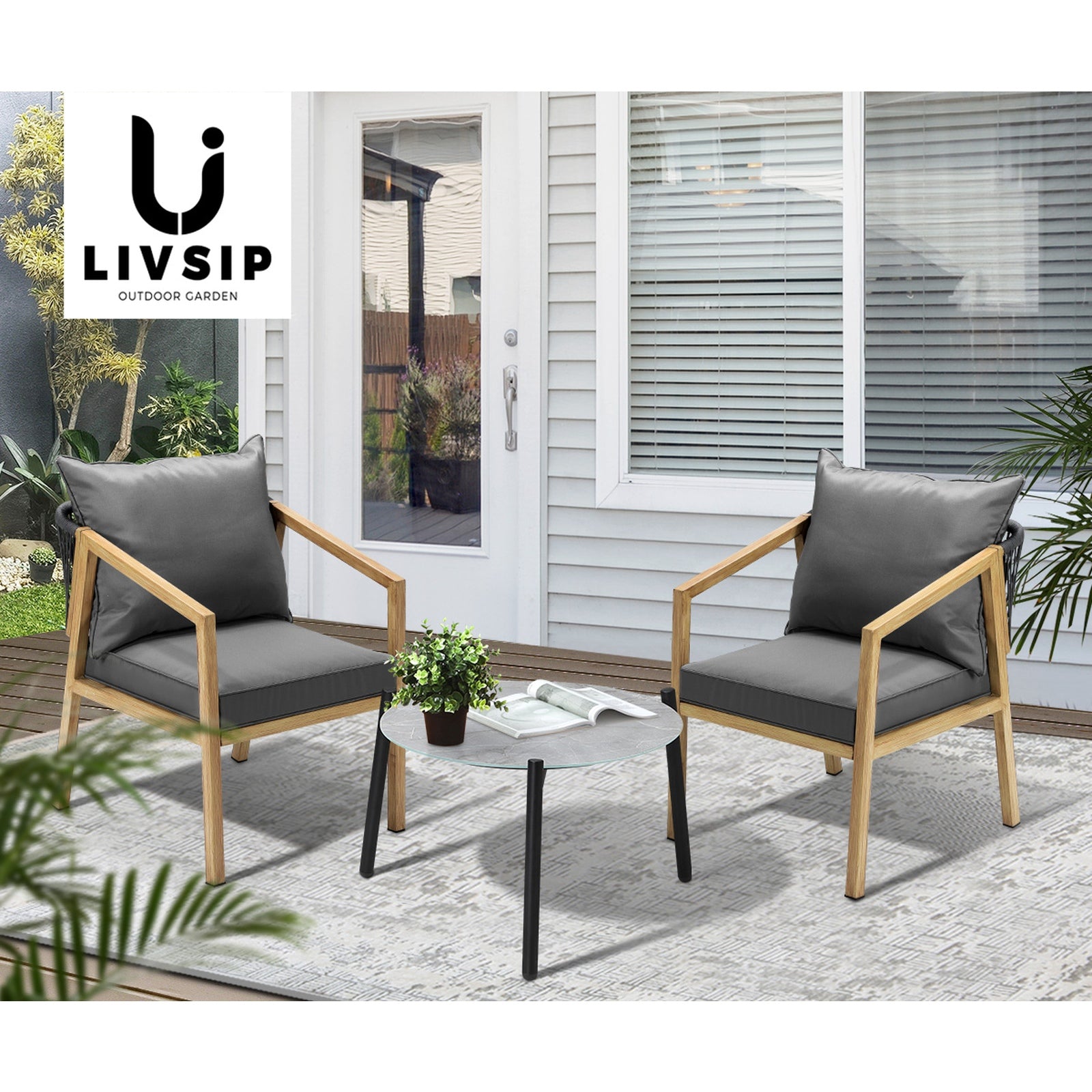Livsip 3PCS Outdoor Patio Setting Furniture Lounge Set Grey 50cm Coffee Table - Sunyee