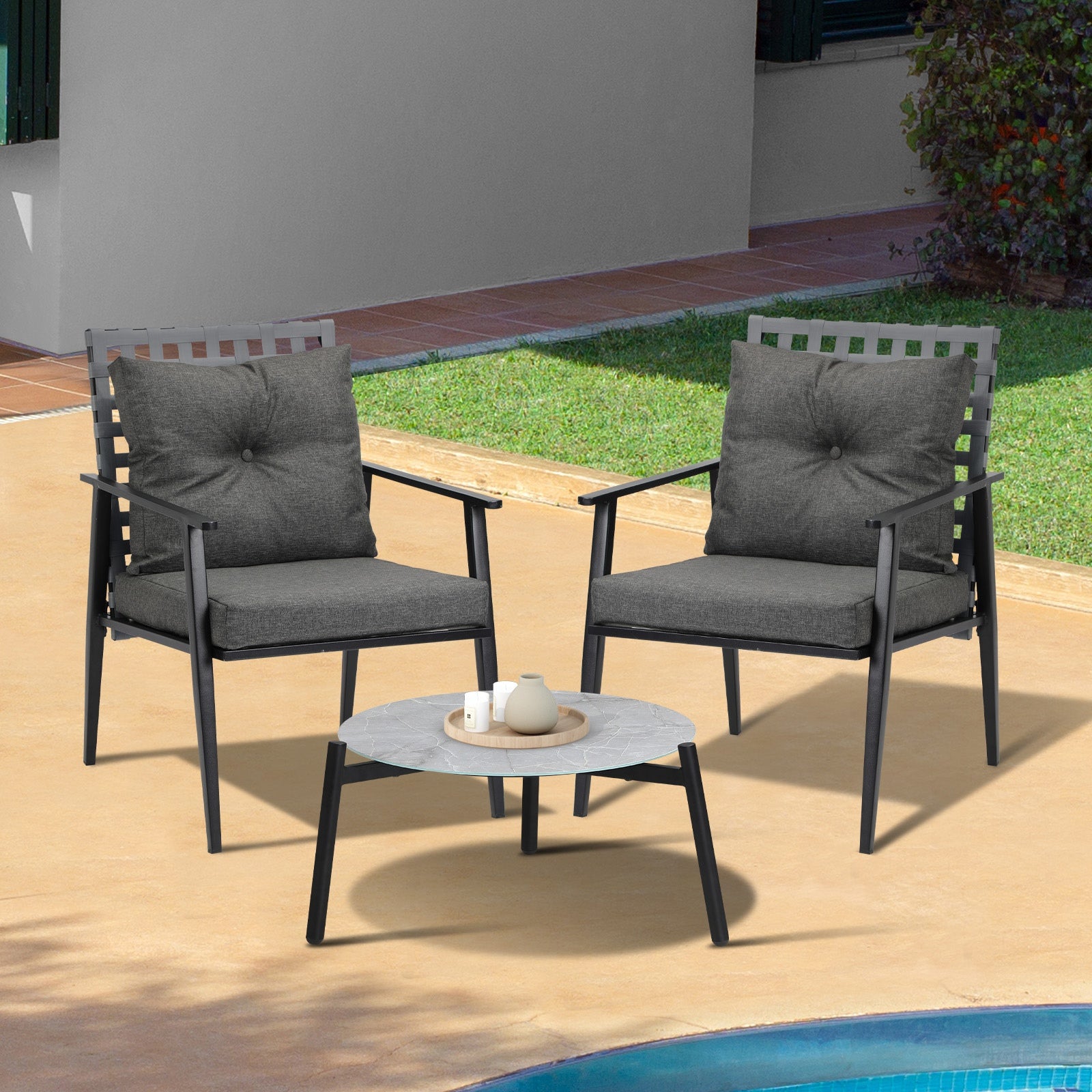 Livsip Outdoor Patio Set 3pc Lounge Sets 50CM Grey Marble Table Rattan Chairs - Sunyee