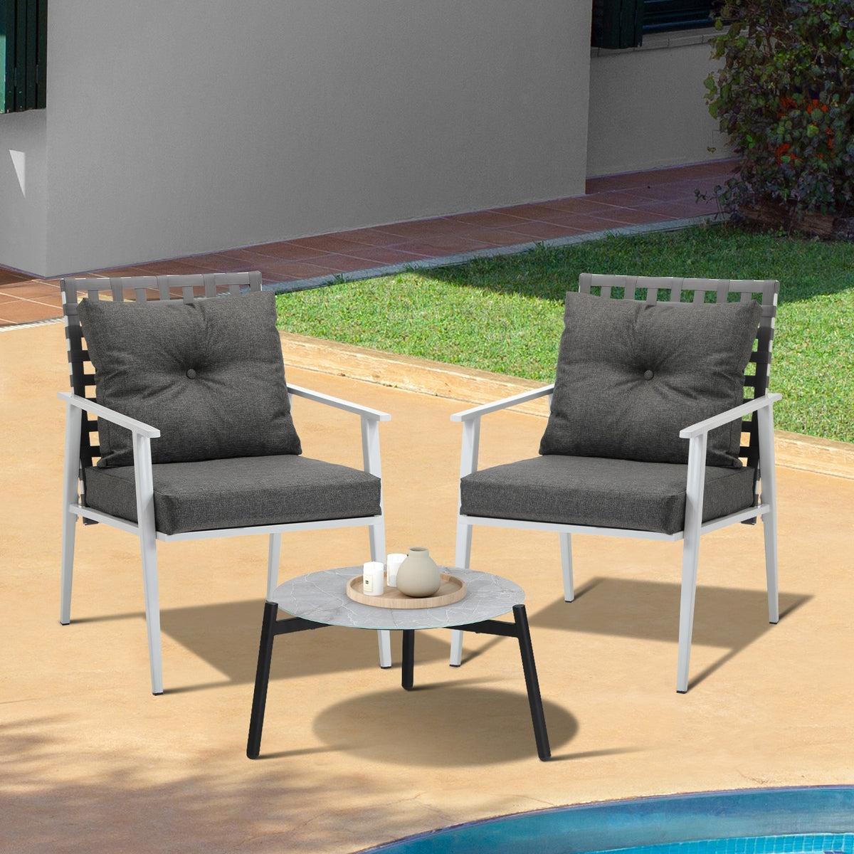 Livsip 3pc Outdoor Lounge Sets Patio Set 50CM Grey Round Table Rattan Chairs - Sunyee