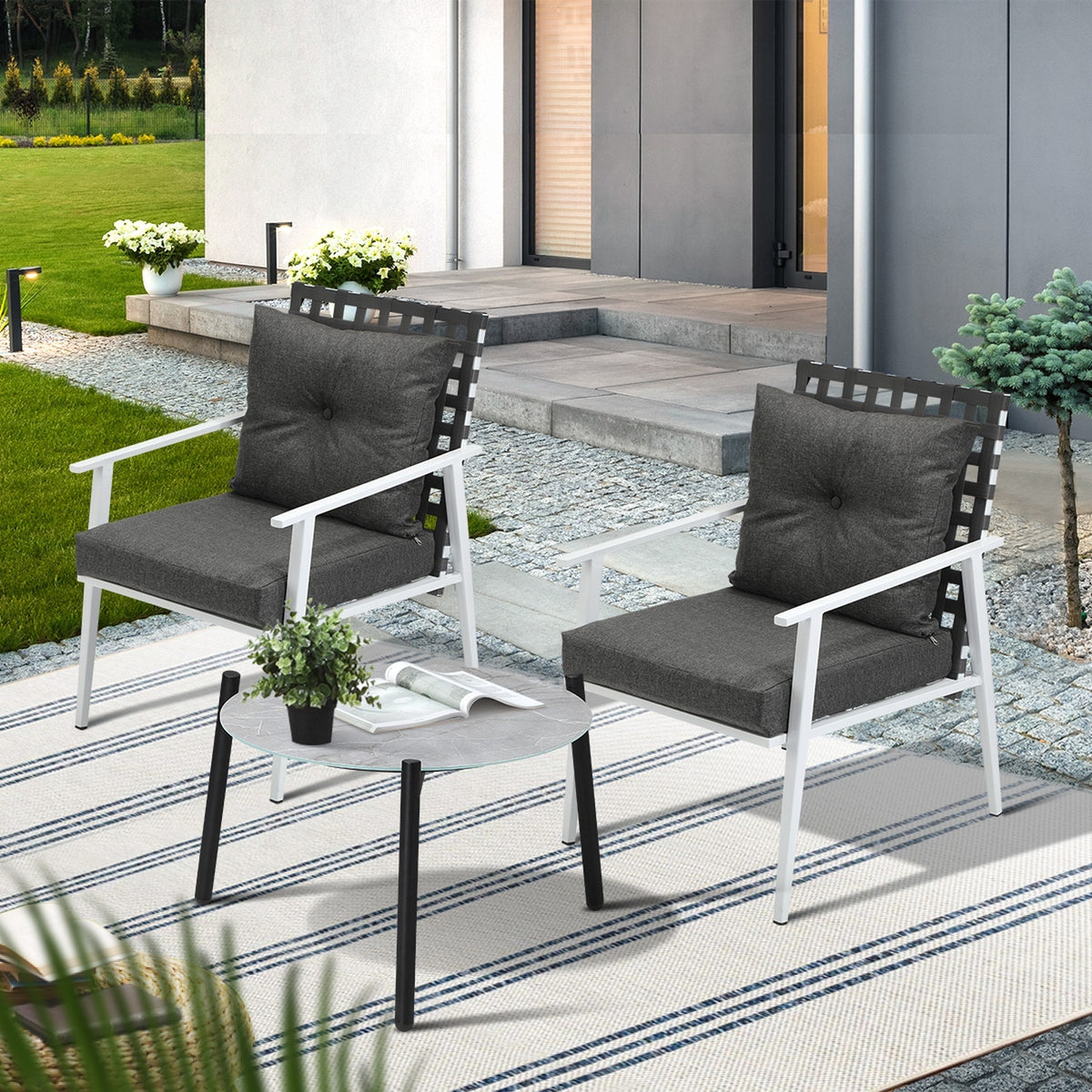 Livsip 3pc Outdoor Lounge Sets Patio Set 50CM Grey Round Table Rattan Chairs - Sunyee