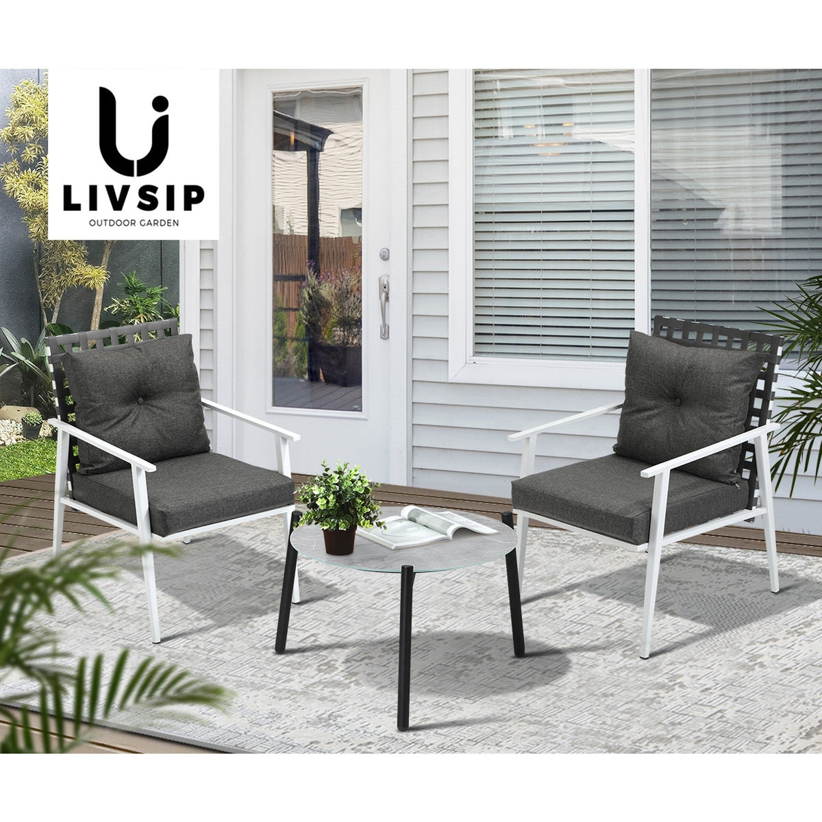 Livsip 3pc Outdoor Lounge Sets Patio Set 50CM Grey Round Table Rattan Chairs - Sunyee