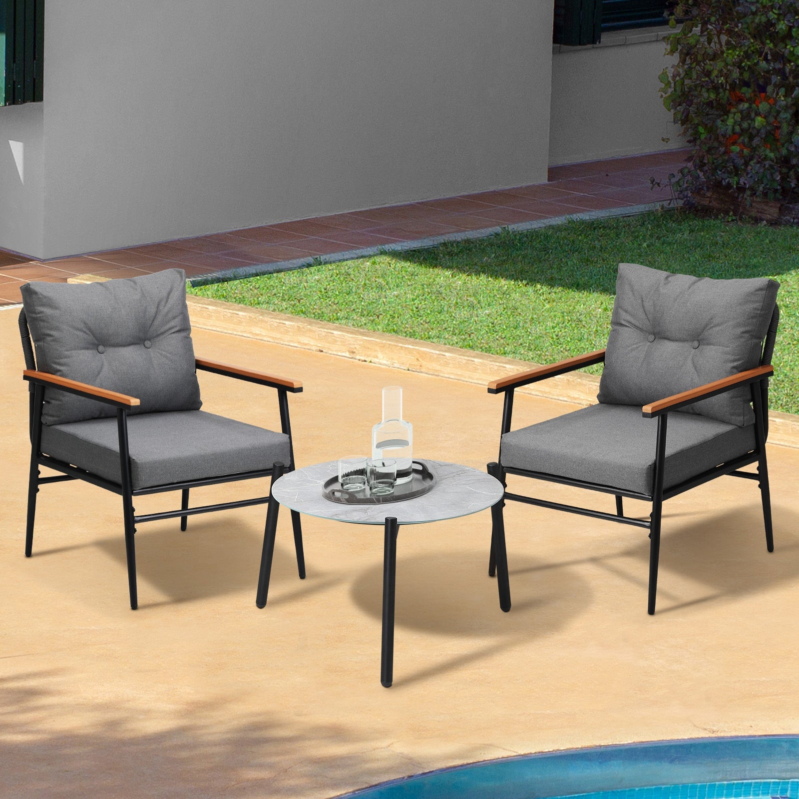 Livsip Outdoor Patio Setting 3 Piece Bistro Lounge Furniture Set 50cm Grey Table - Sunyee