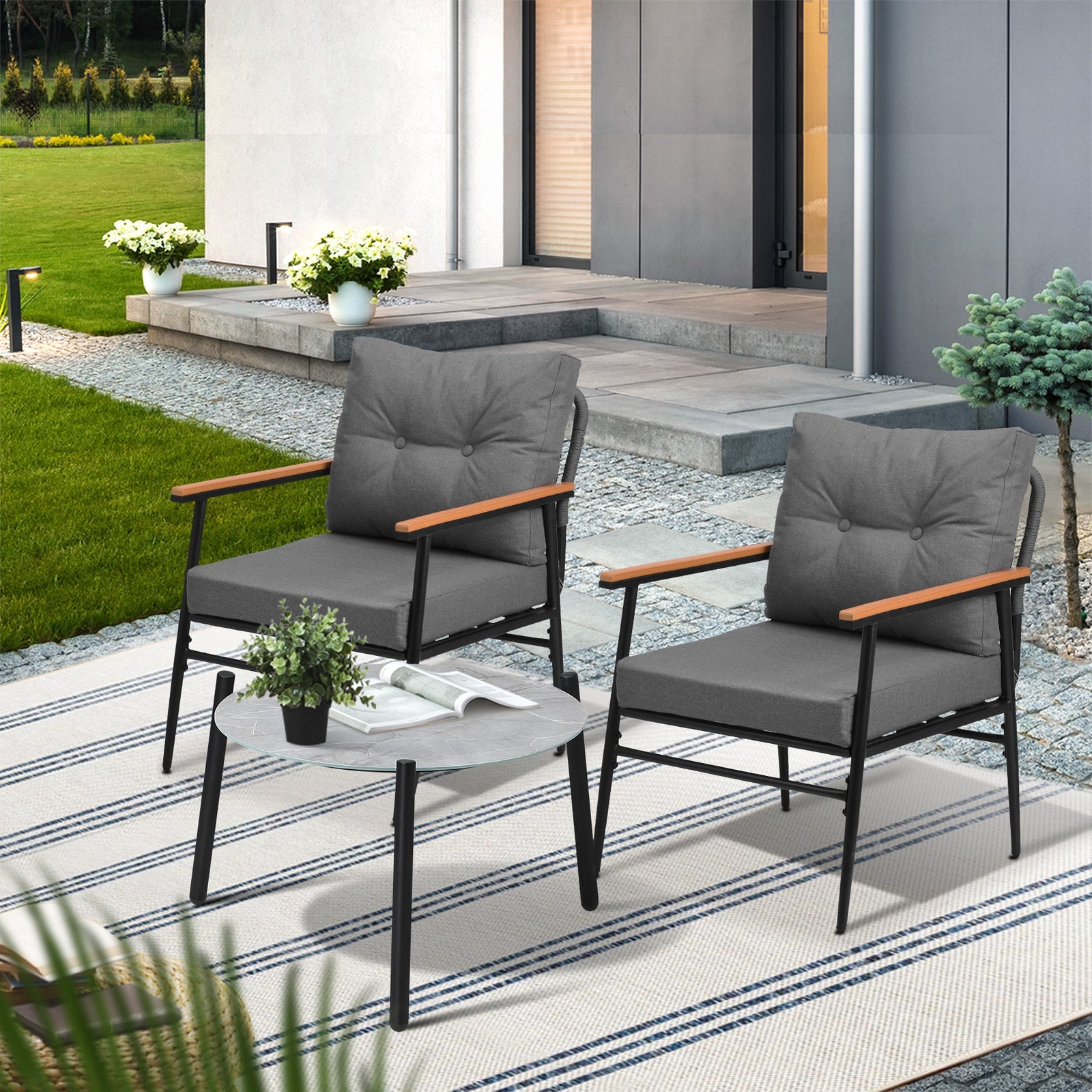Livsip Outdoor Patio Setting 3 Piece Bistro Lounge Furniture Set 50cm Grey Table - Sunyee