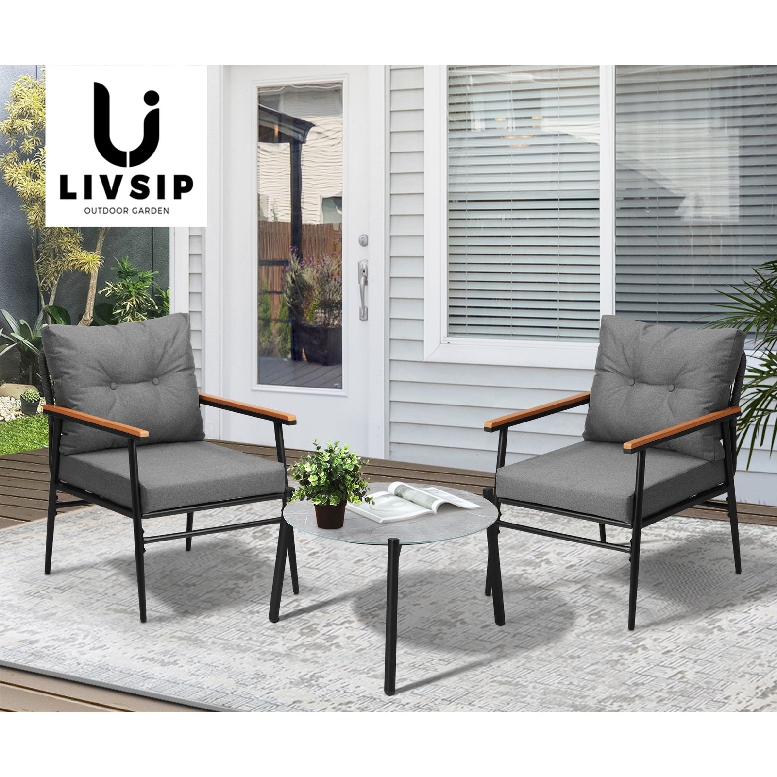 Livsip Outdoor Patio Setting 3 Piece Bistro Lounge Furniture Set 50cm Grey Table - Sunyee