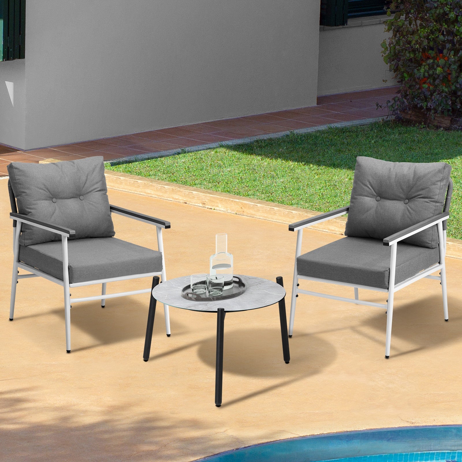 Livsip Outdoor Patio Setting 3PC Bistro Lounge Furniture Set 50cm Grey Table - Sunyee
