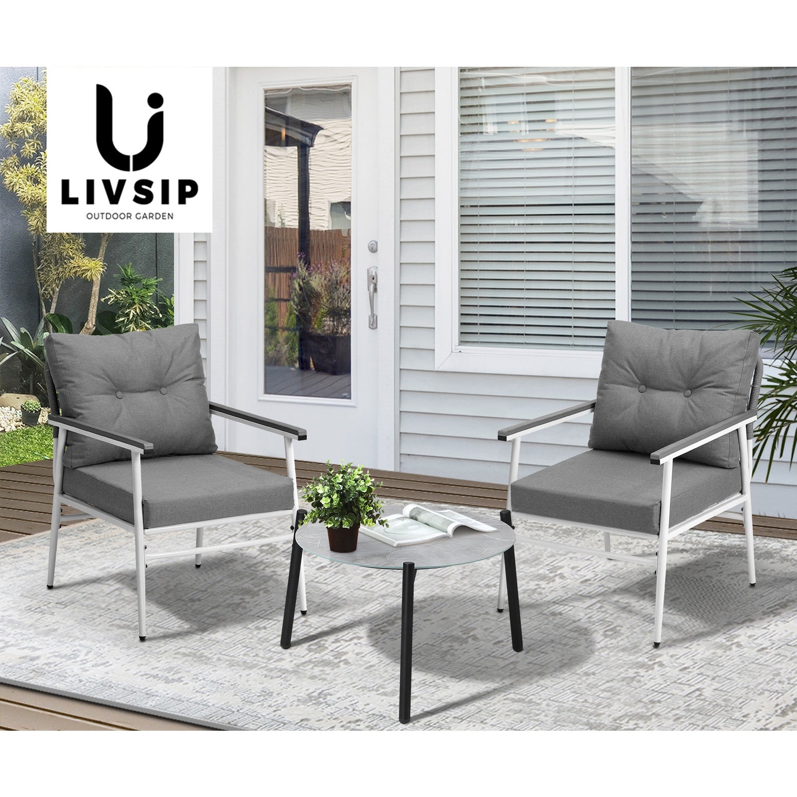Livsip Outdoor Patio Setting 3PC Bistro Lounge Furniture Set 50cm Grey Table - Sunyee