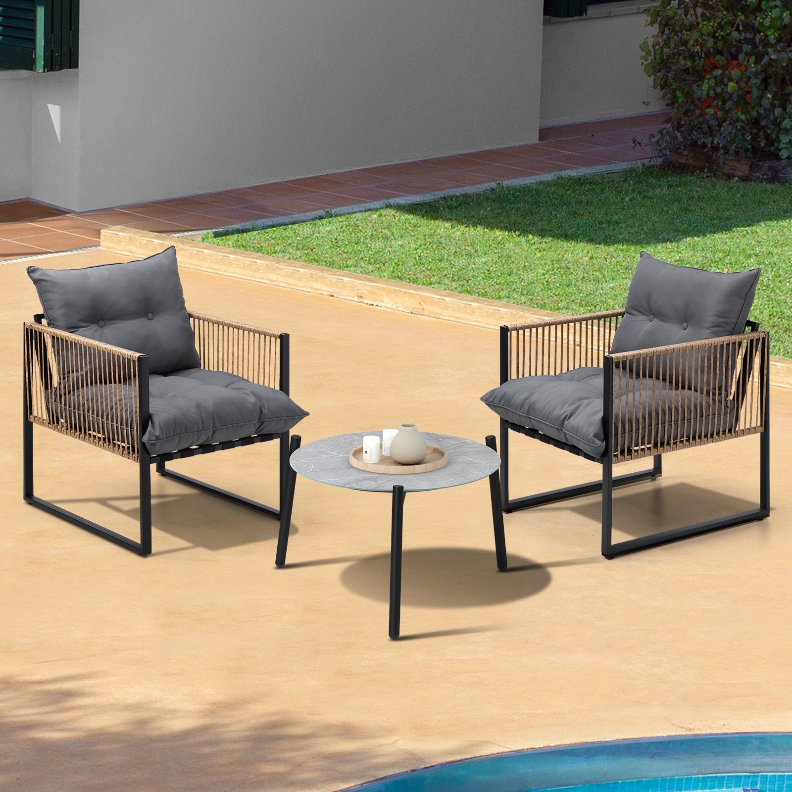 Livsip Outdoor Patio Set Furniture Grey 50cm Coffee Table Rattan Chairs 3PCS - Sunyee