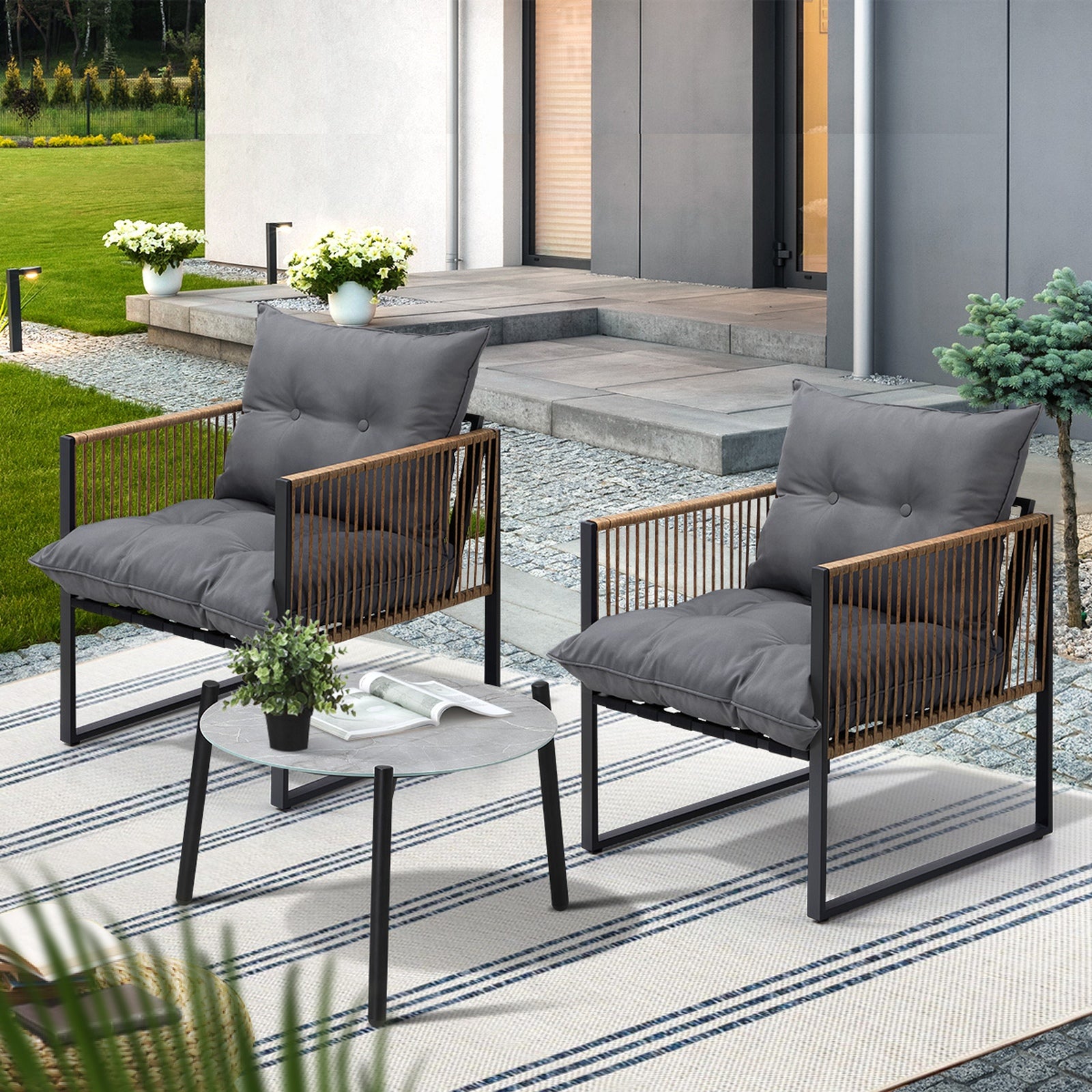 Livsip Outdoor Patio Set Furniture Grey 50cm Coffee Table Rattan Chairs 3PCS - Sunyee