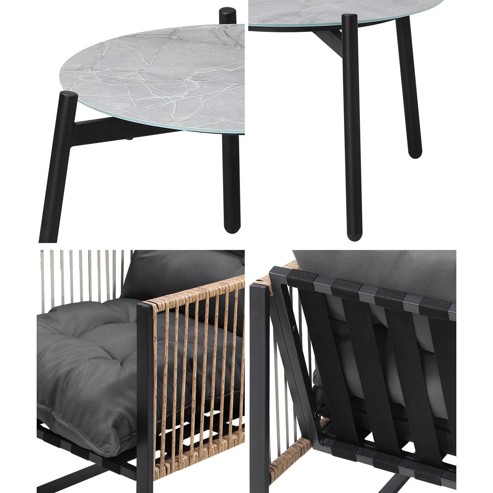 Livsip Outdoor Patio Set Furniture Grey 50cm Coffee Table Rattan Chairs 3PCS - Sunyee