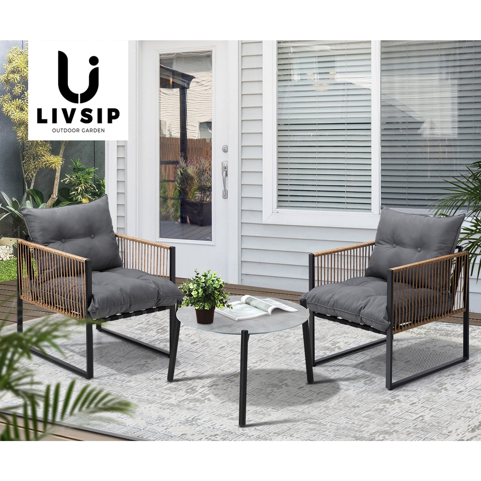 Livsip Outdoor Patio Set Furniture Grey 50cm Coffee Table Rattan Chairs 3PCS - Sunyee