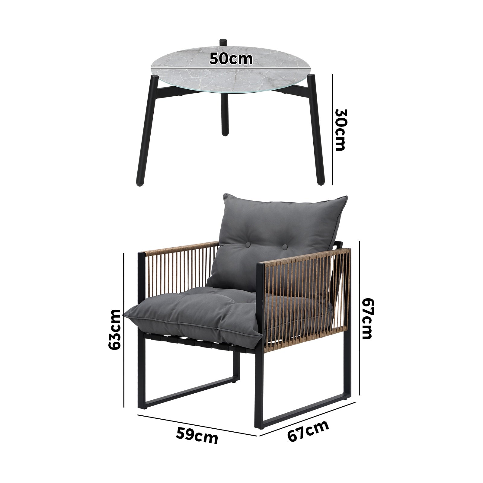 Livsip Outdoor Patio Set Furniture Grey 50cm Coffee Table Rattan Chairs 3PCS - Sunyee