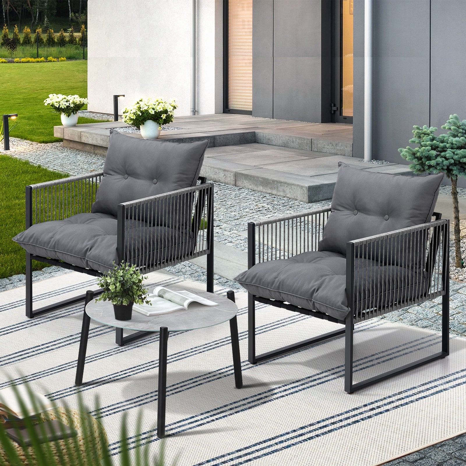 Livsip 3PCS Outdoor Patio Setting Table Chairs Grey 50cm Coffee Table - Sunyee