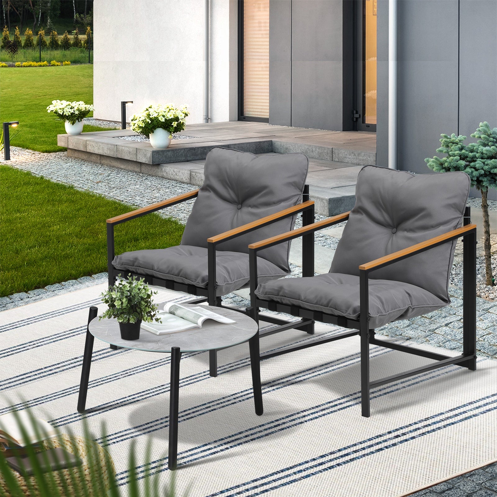 Livsip 3PC Outdoor Patio Furniture Set Bistro Sets 50CM Round Grey Marble Table - Sunyee