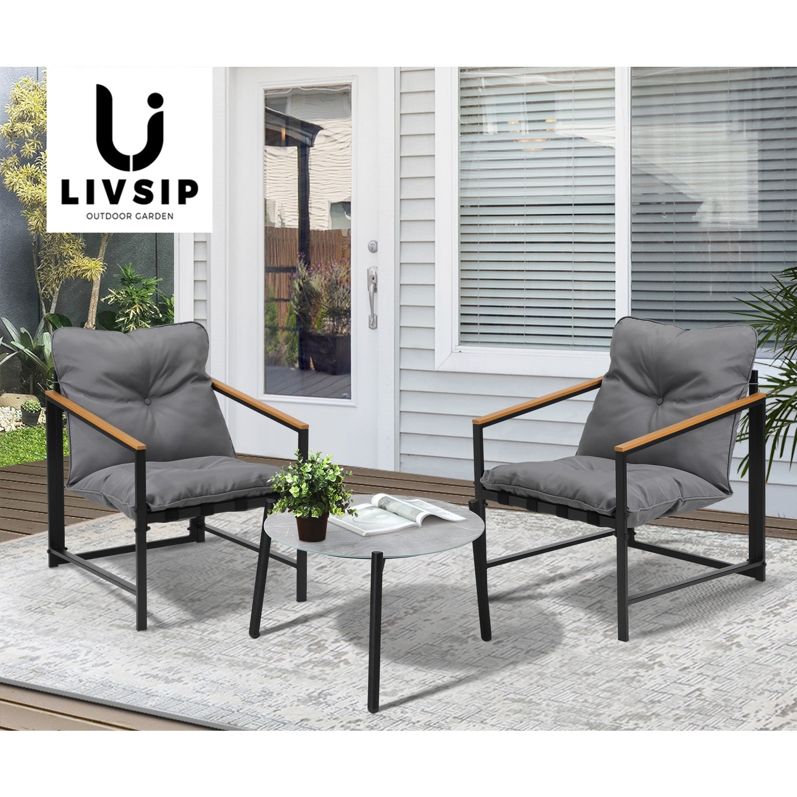Livsip 3PC Outdoor Patio Furniture Set Bistro Sets 50CM Round Grey Marble Table - Sunyee