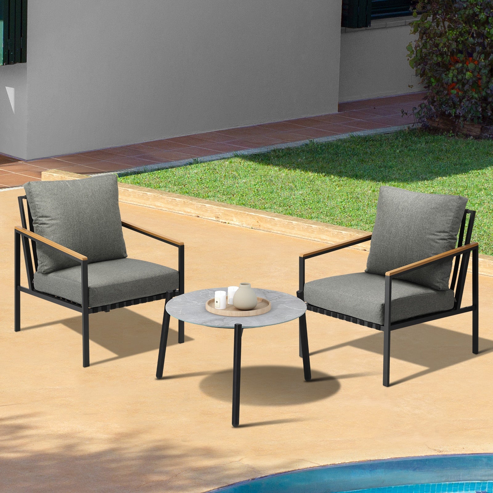 Livsip Outdoor Patio Lounge Set Furniture Coffee Grey 50cm Table Sofa Chairs 3PC - Sunyee