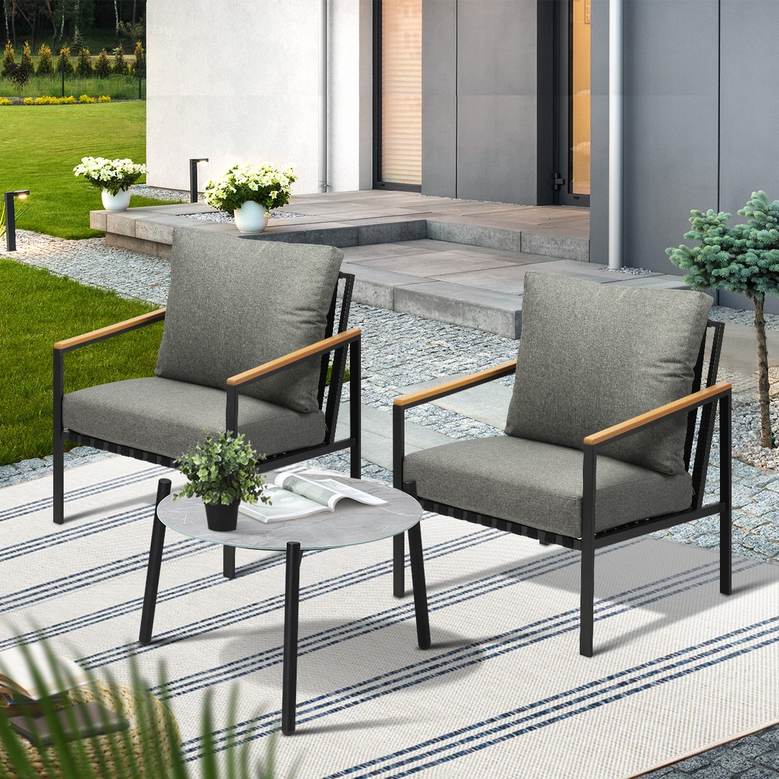 Livsip Outdoor Patio Lounge Set Furniture Coffee Grey 50cm Table Sofa Chairs 3PC - Sunyee