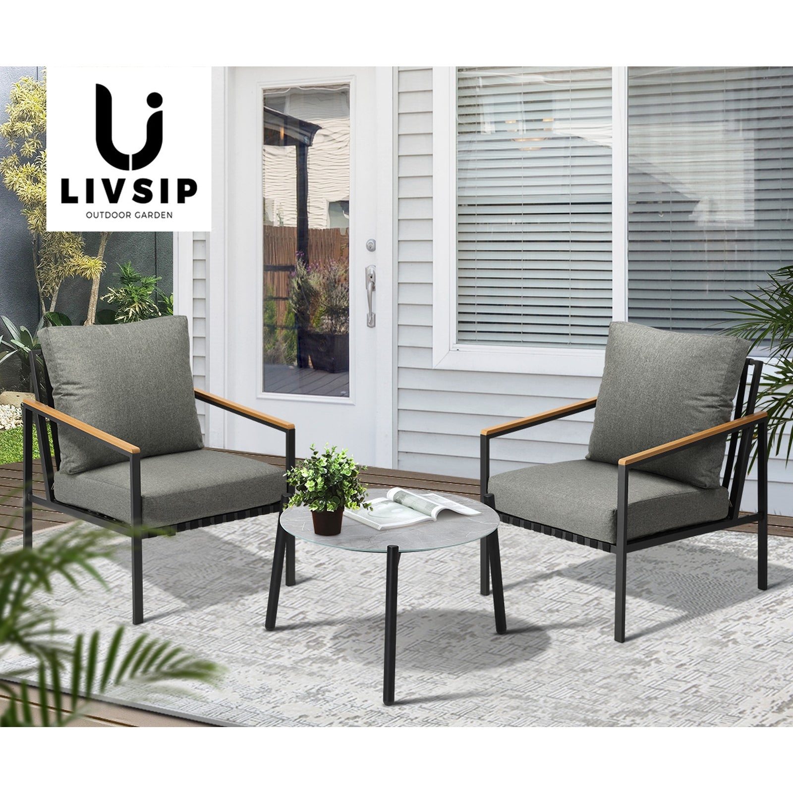 Livsip Outdoor Patio Lounge Set Furniture Coffee Grey 50cm Table Sofa Chairs 3PC - Sunyee