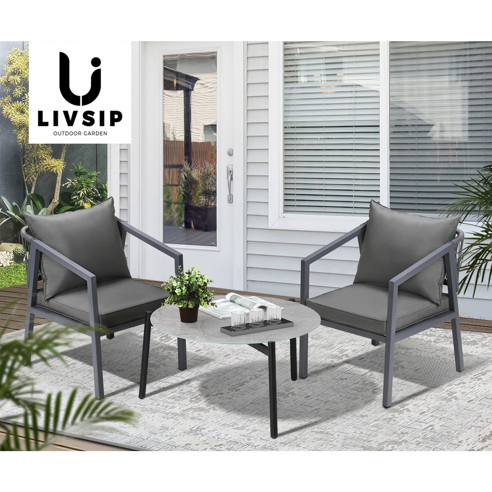 Livsip 3PCS Outdoor Patio Setting Furniture Lounge Set Grey 70cm Coffee Table