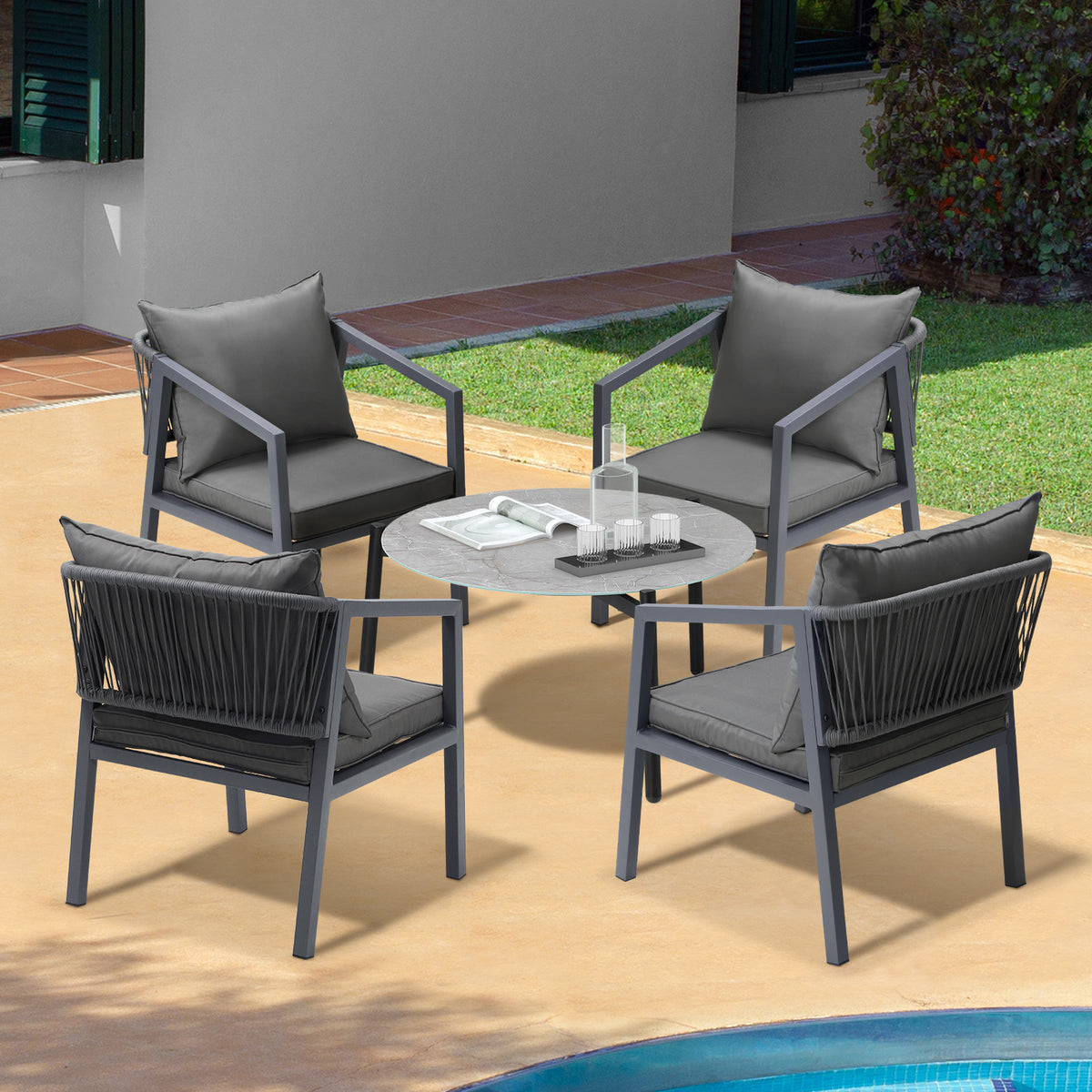 Livsip 5PCS Outdoor Patio Setting Furniture Lounge Set Grey 70cm Coffee Table - Sunyee