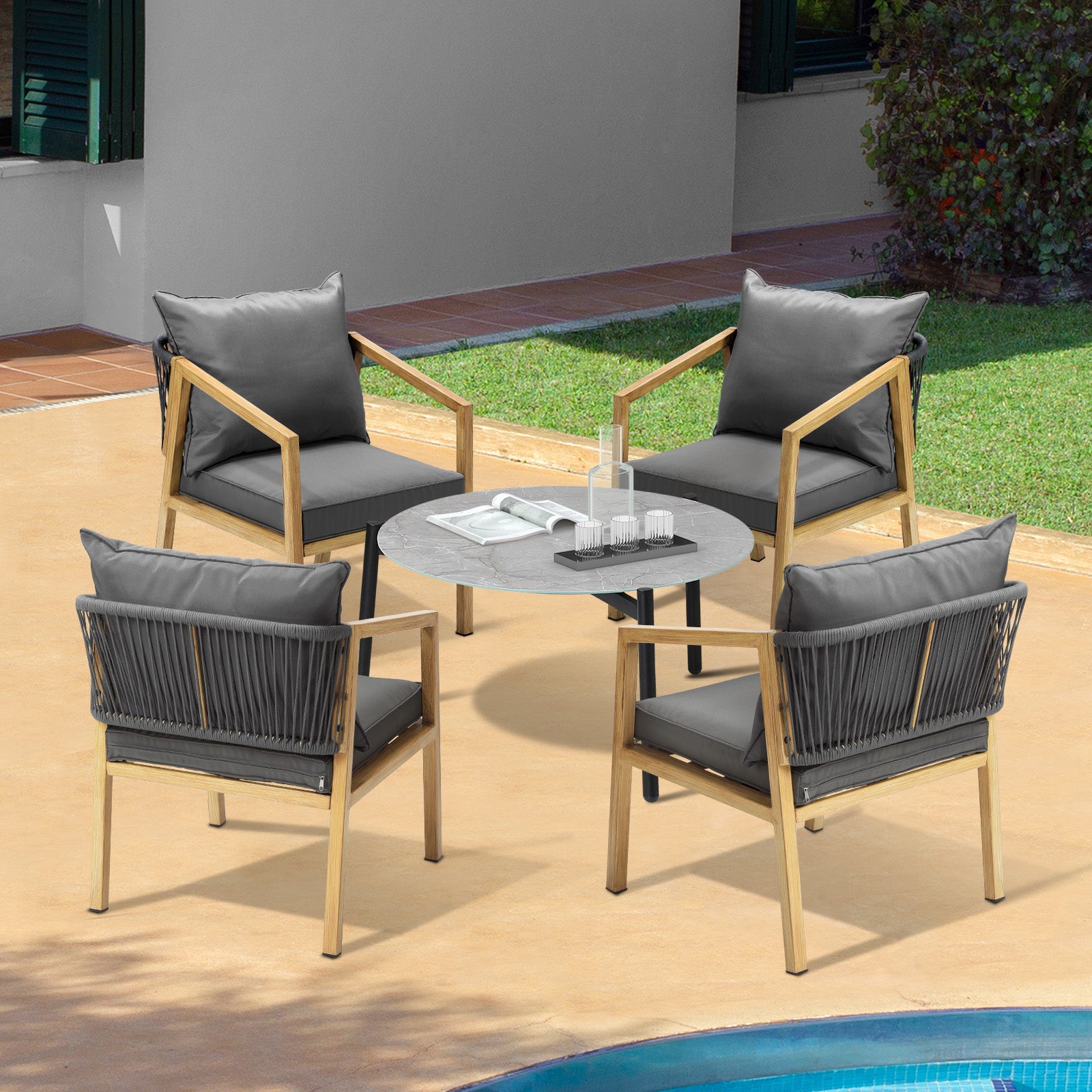 Livsip 5PCS Outdoor Patio Setting Furniture Lounge Set Grey 70cm Coffee Table - Sunyee