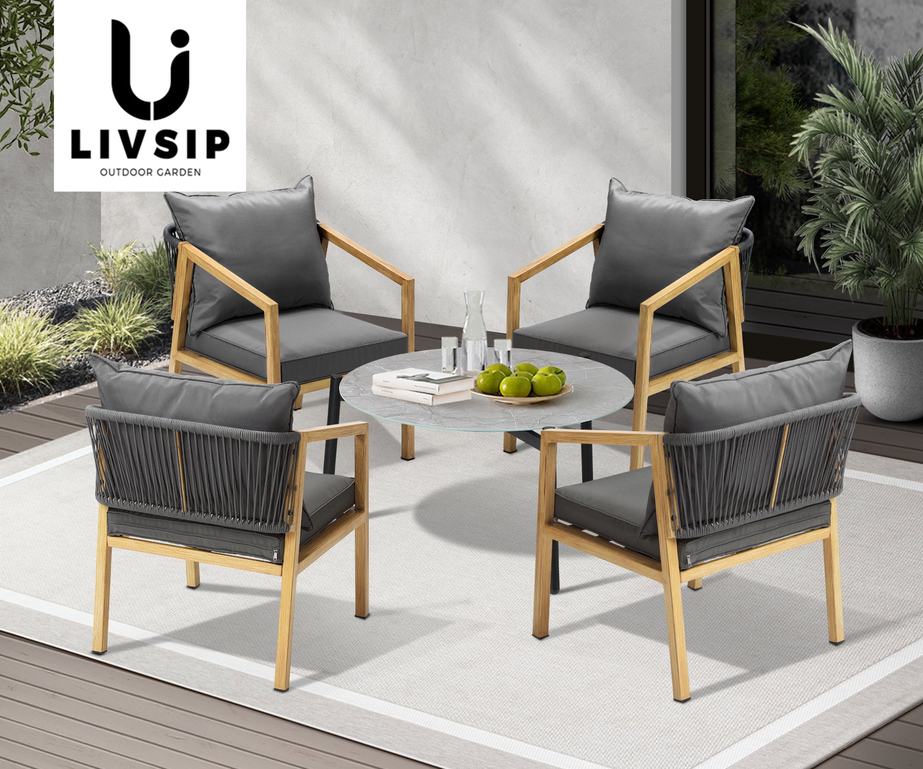 Livsip 5PCS Outdoor Patio Setting Furniture Lounge Set Grey 70cm Coffee Table - Sunyee
