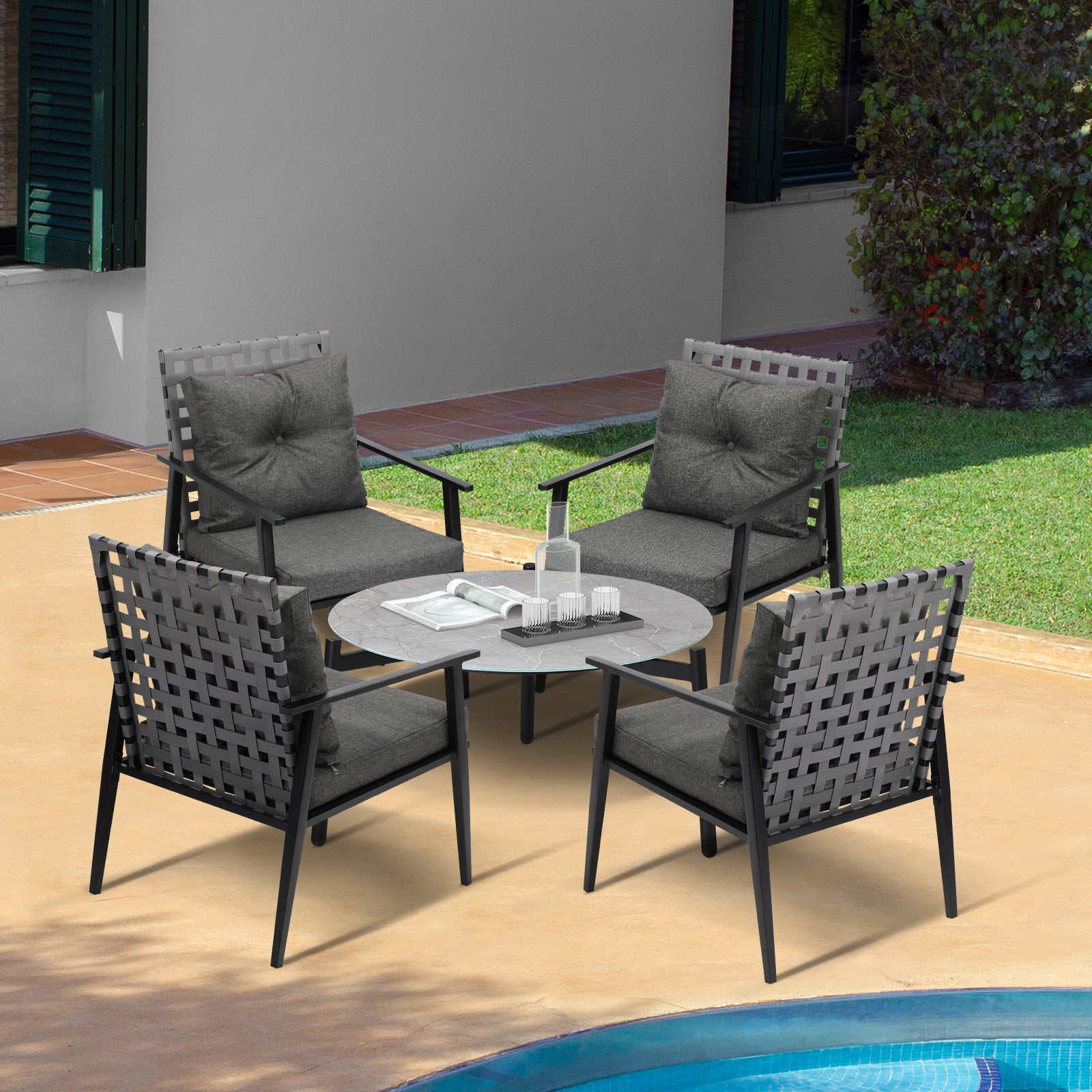 Livsip Outdoor Patio Set 5pc Lounge Sets 70CM Grey Marble Table Rattan Chairs - Sunyee