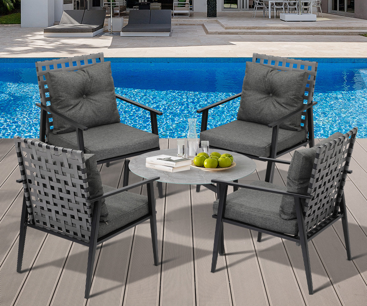 Livsip Outdoor Patio Set 5pc Lounge Sets 70CM Grey Marble Table Rattan Chairs - Sunyee