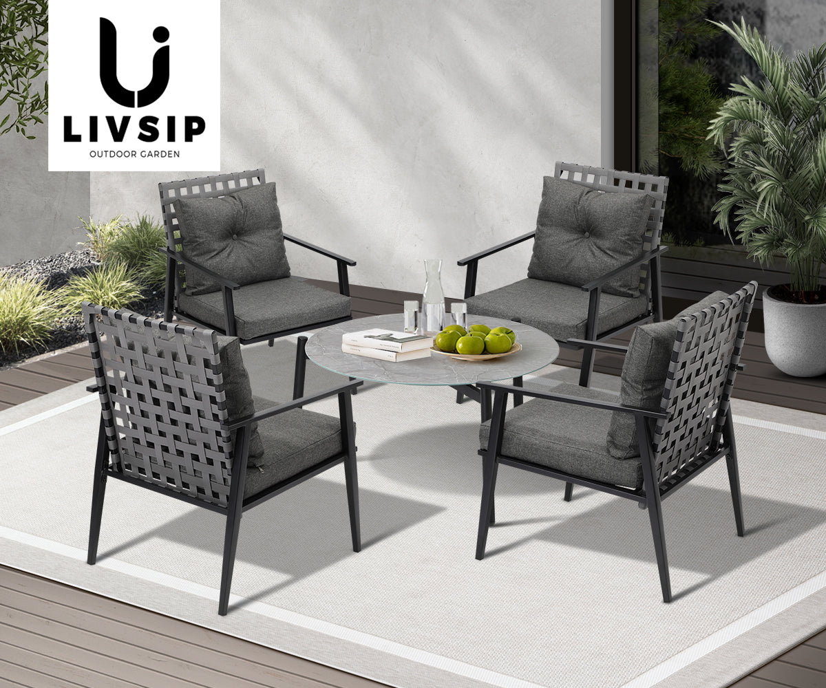 Livsip Outdoor Patio Set 5pc Lounge Sets 70CM Grey Marble Table Rattan Chairs - Sunyee