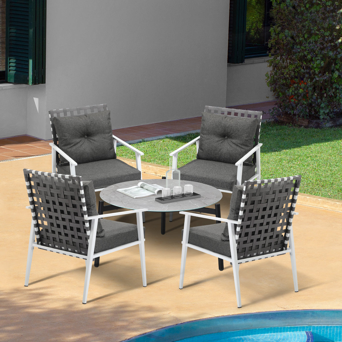Livsip Outdoor Lounge Sets 5pc Patio Set 70CM Grey Round Table Rattan Chairs - Sunyee
