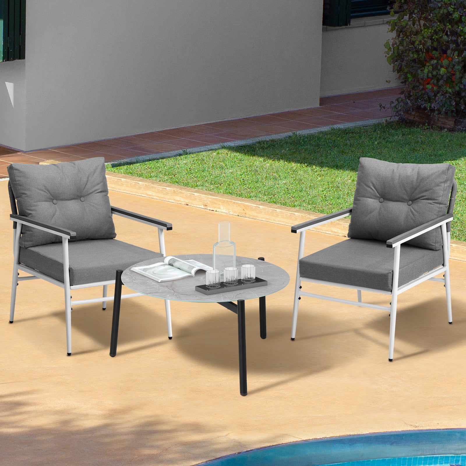 Livsip Outdoor Patio Setting 3PC Bistro Lounge Furniture Set 70cm Grey Table