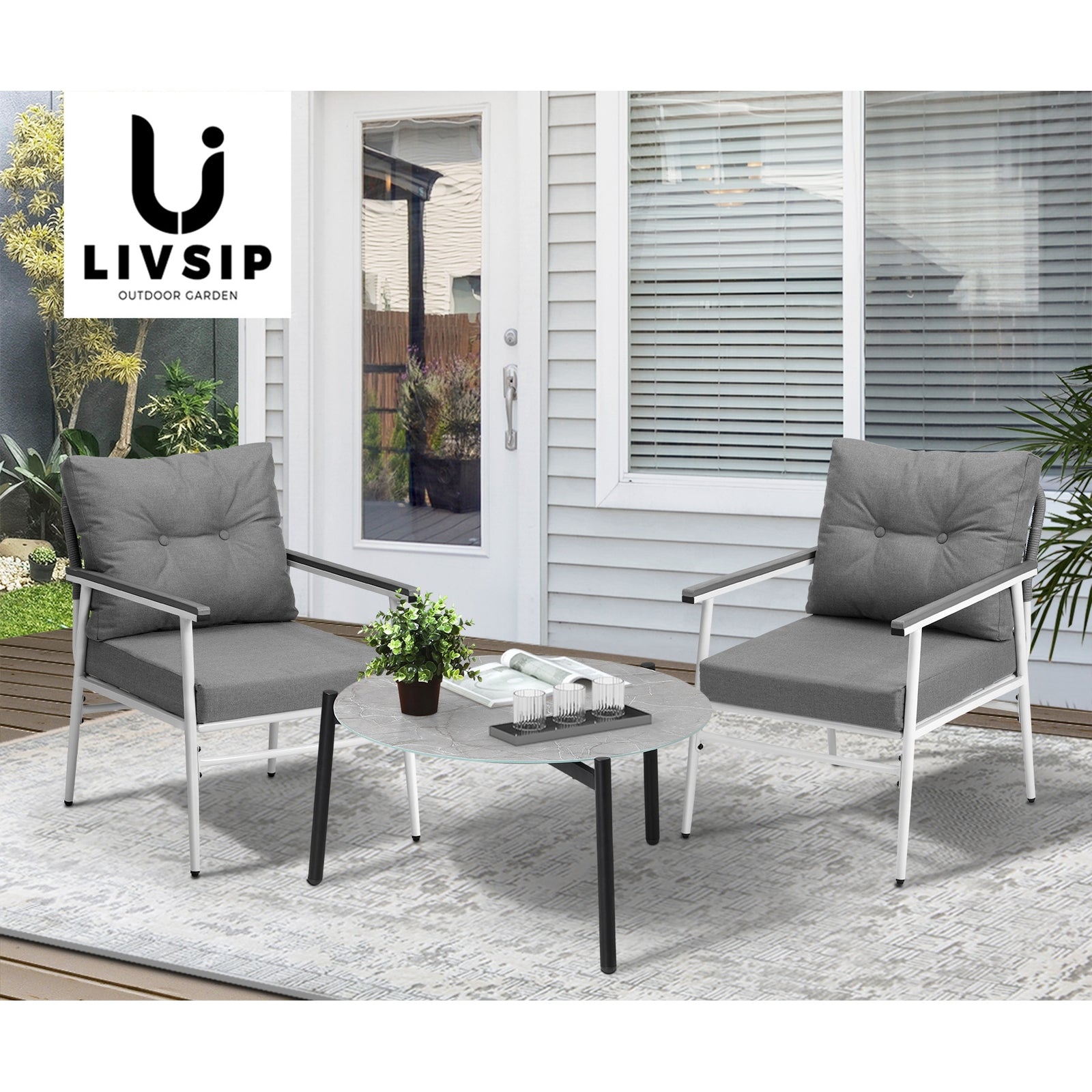 Livsip Outdoor Patio Setting 3PC Bistro Lounge Furniture Set 70cm Grey Table