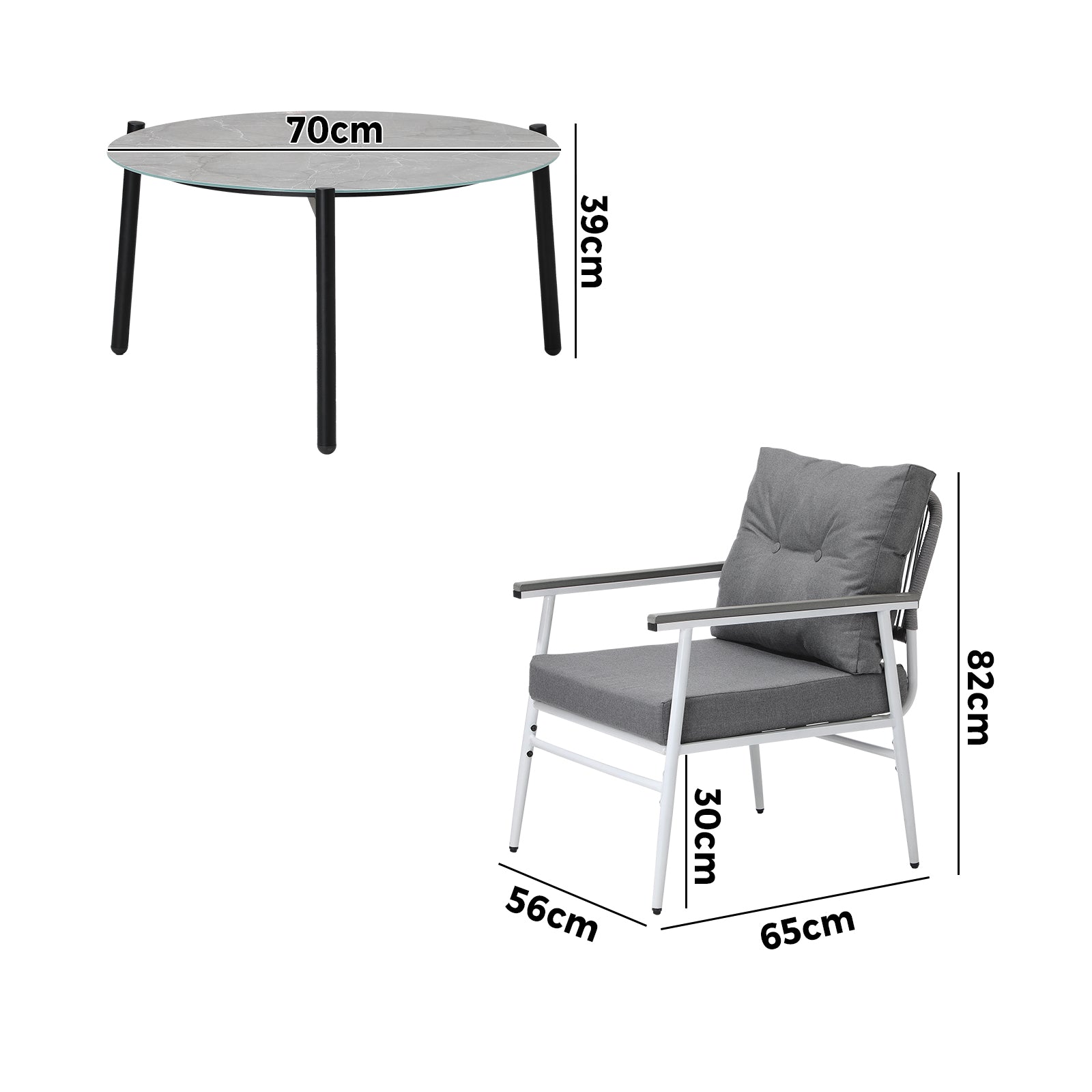 Livsip Outdoor Patio Setting 3PC Bistro Lounge Furniture Set 70cm Grey Table