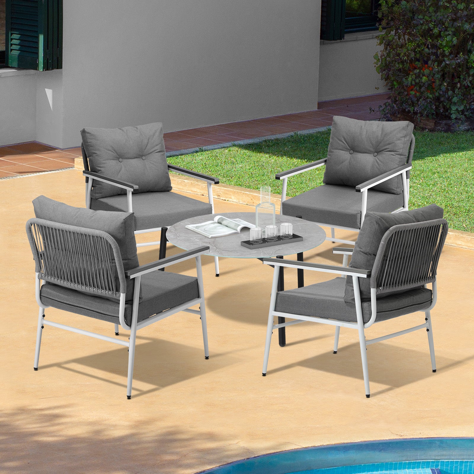 Livsip Outdoor Patio Setting 5PC Bistro Lounge Furniture Set 70cm Grey Table - Sunyee