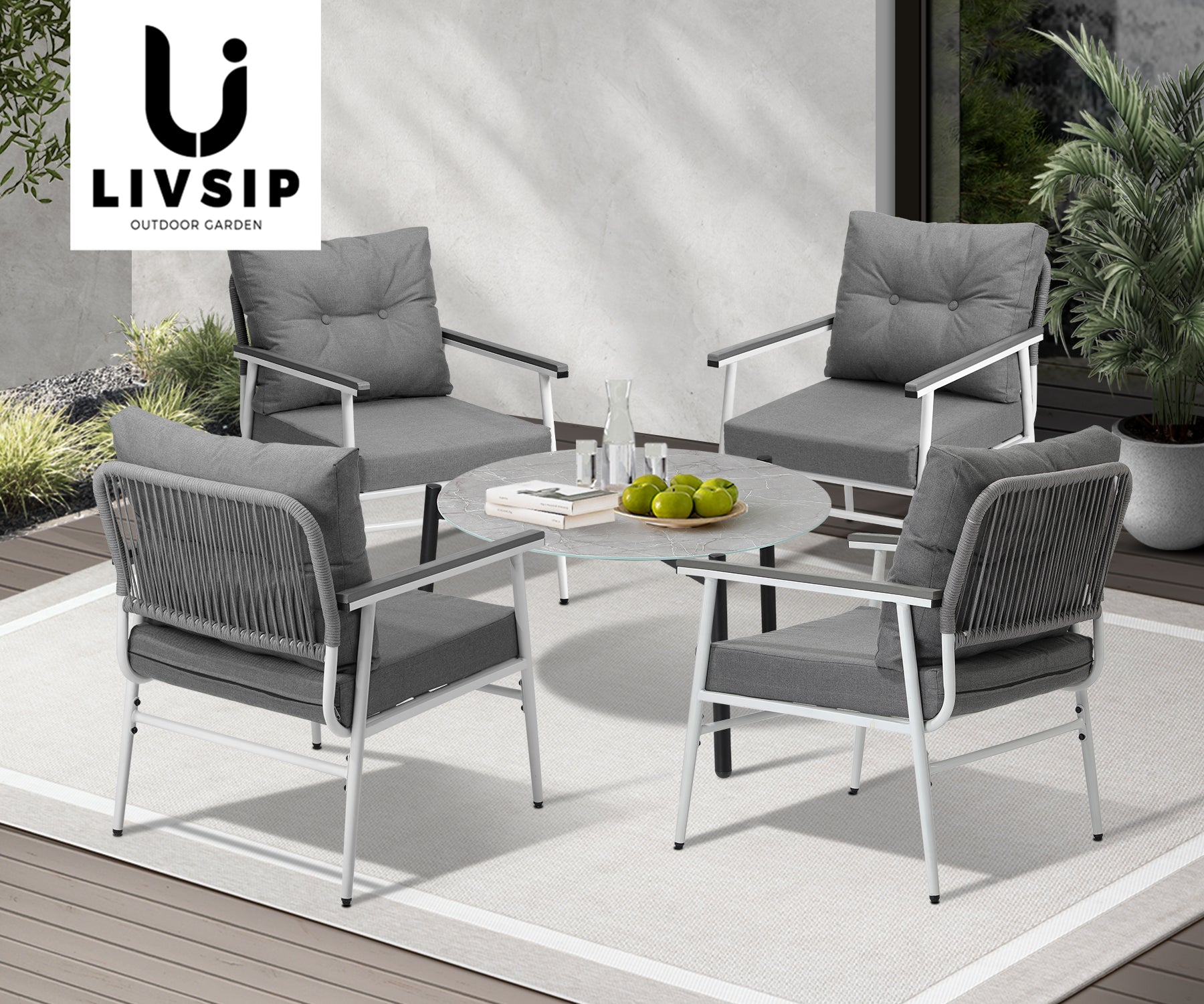 Livsip Outdoor Patio Setting 5PC Bistro Lounge Furniture Set 70cm Grey Table - Sunyee
