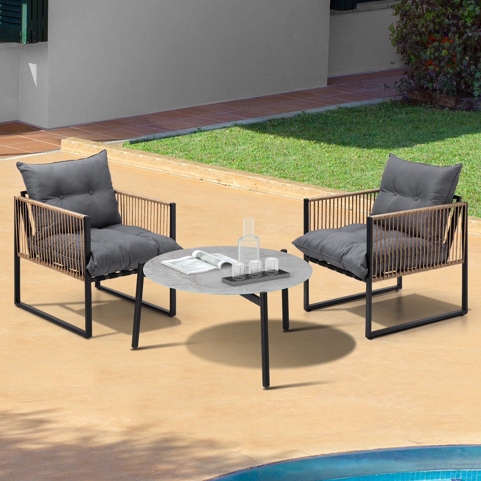 Livsip Outdoor Patio Set Furniture Grey 70cm Coffee Table Rattan Chairs 3PCS