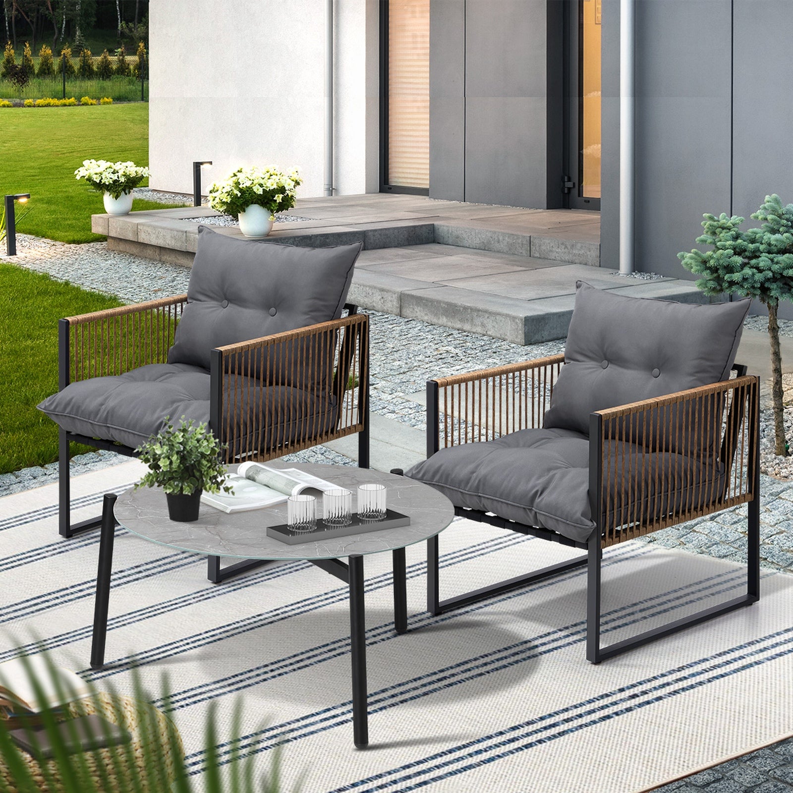Livsip Outdoor Patio Set Furniture Grey 70cm Coffee Table Rattan Chairs 3PCS