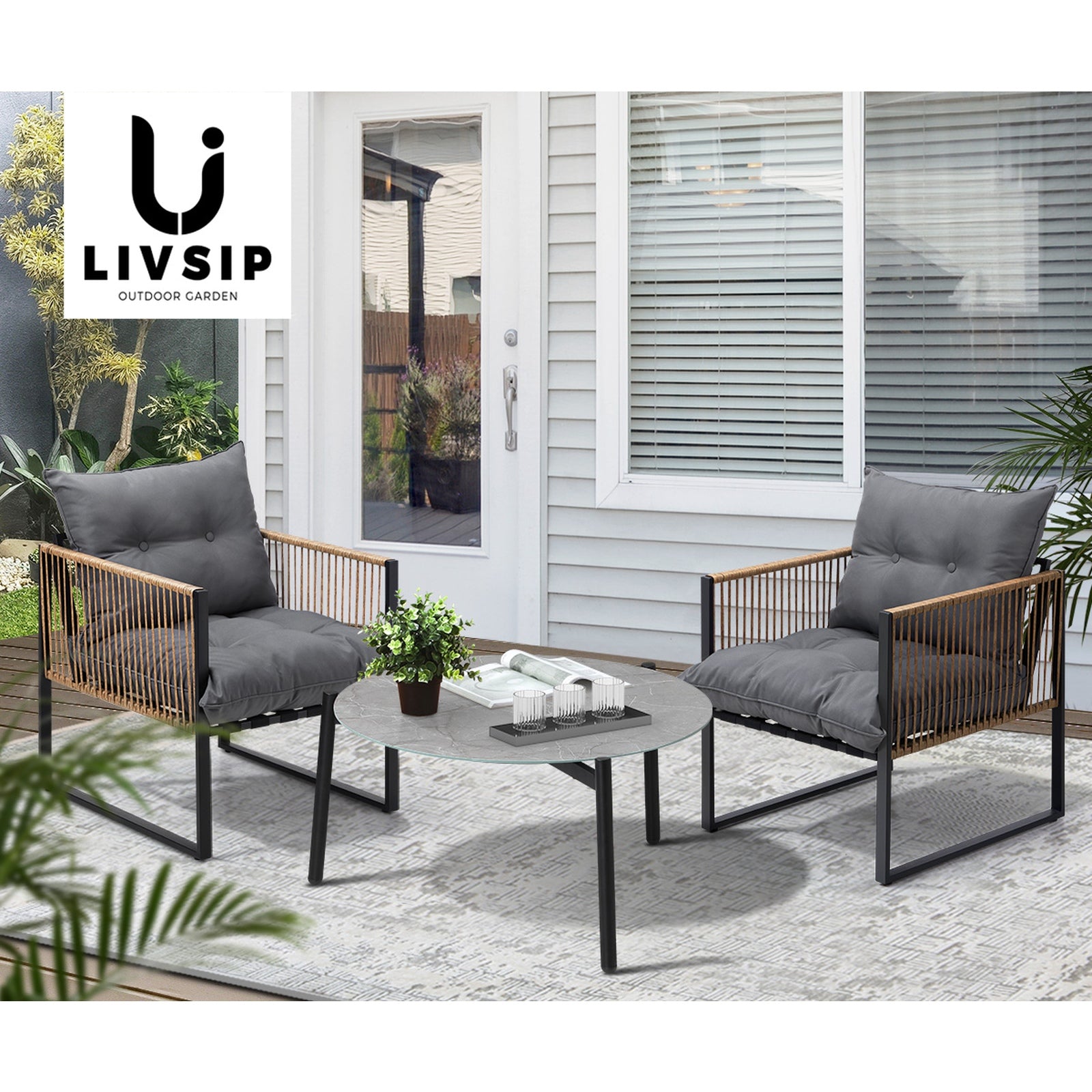 Livsip Outdoor Patio Set Furniture Grey 70cm Coffee Table Rattan Chairs 3PCS