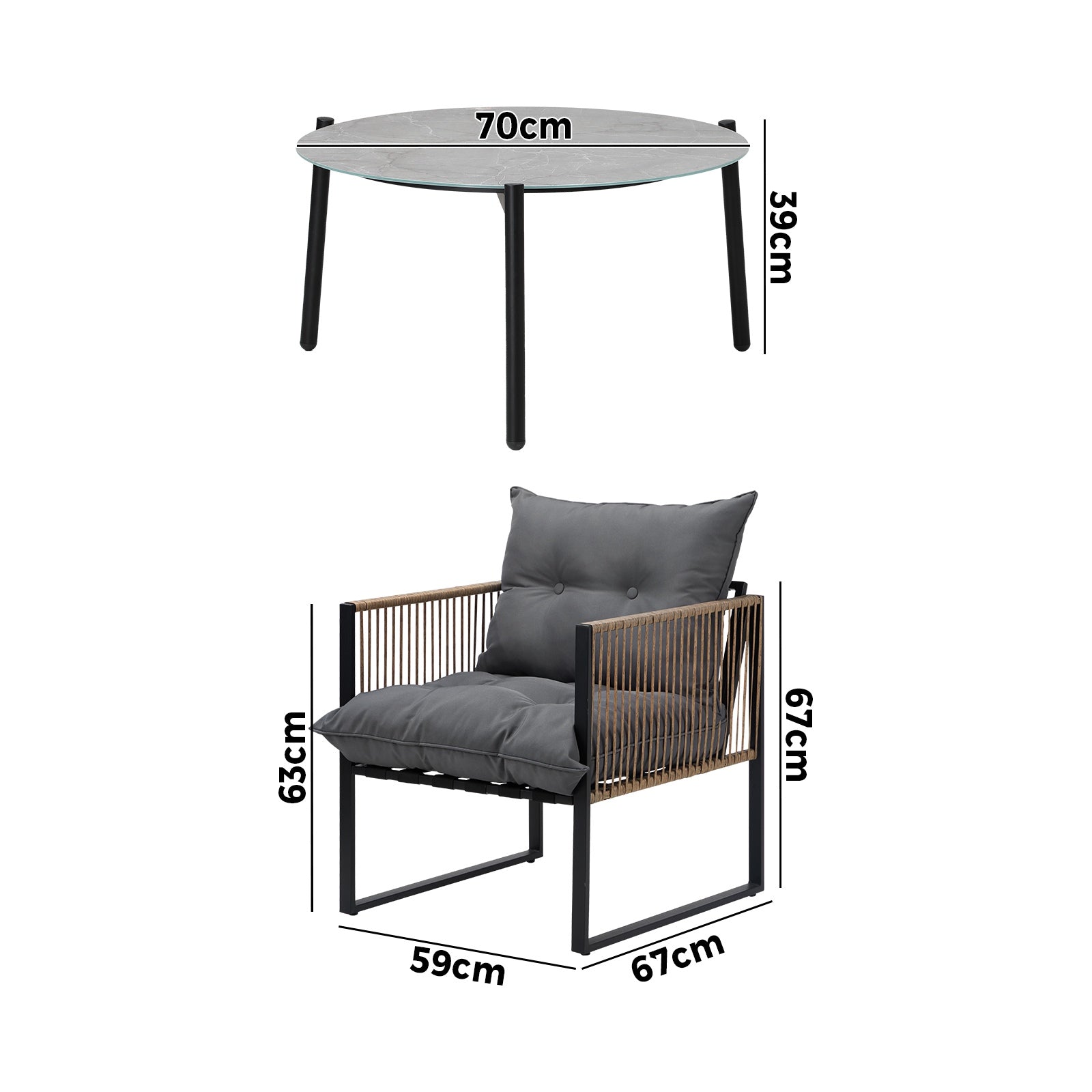 Livsip Outdoor Patio Set Furniture Grey 70cm Coffee Table Rattan Chairs 3PCS