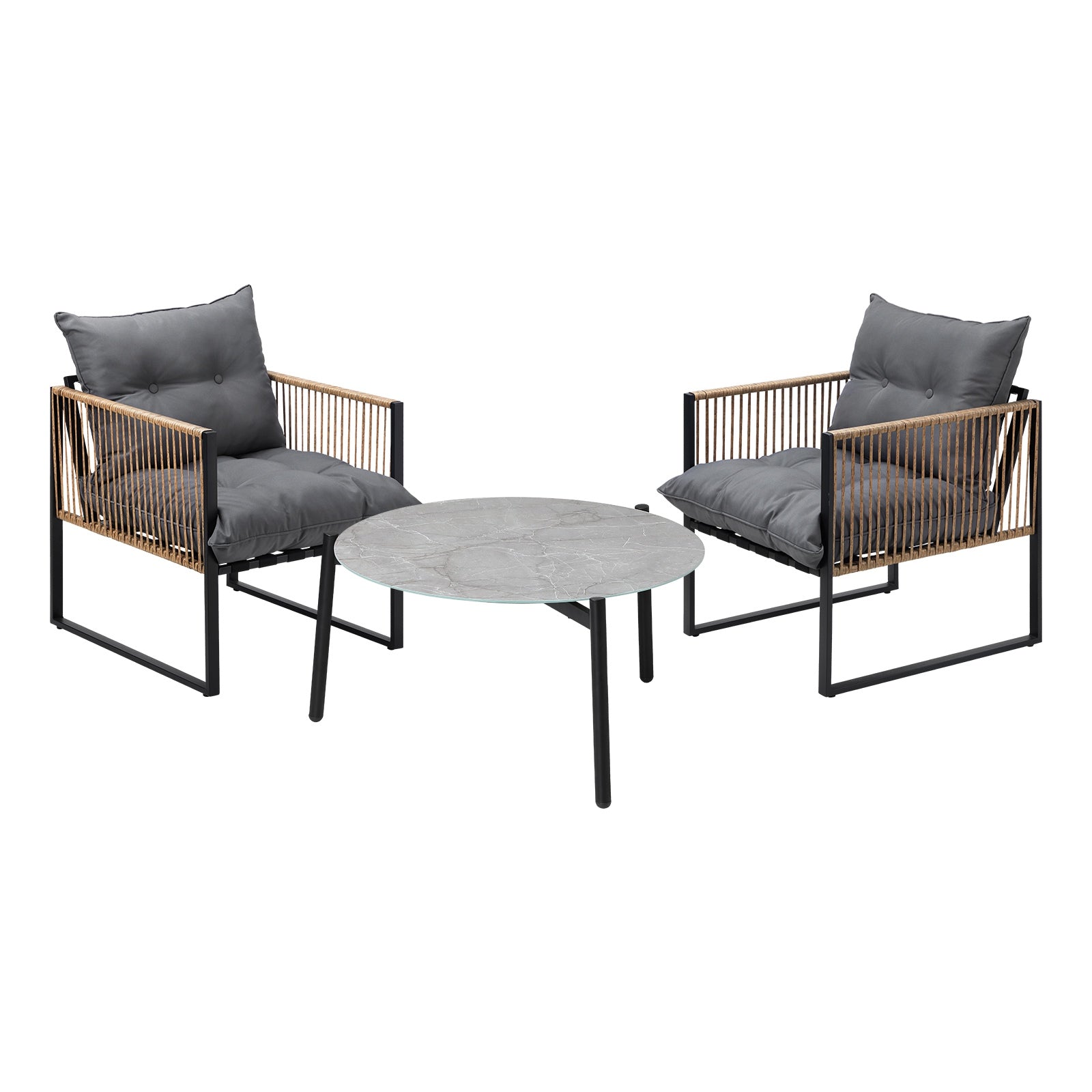 Livsip Outdoor Patio Set Furniture Grey 70cm Coffee Table Rattan Chairs 3PCS