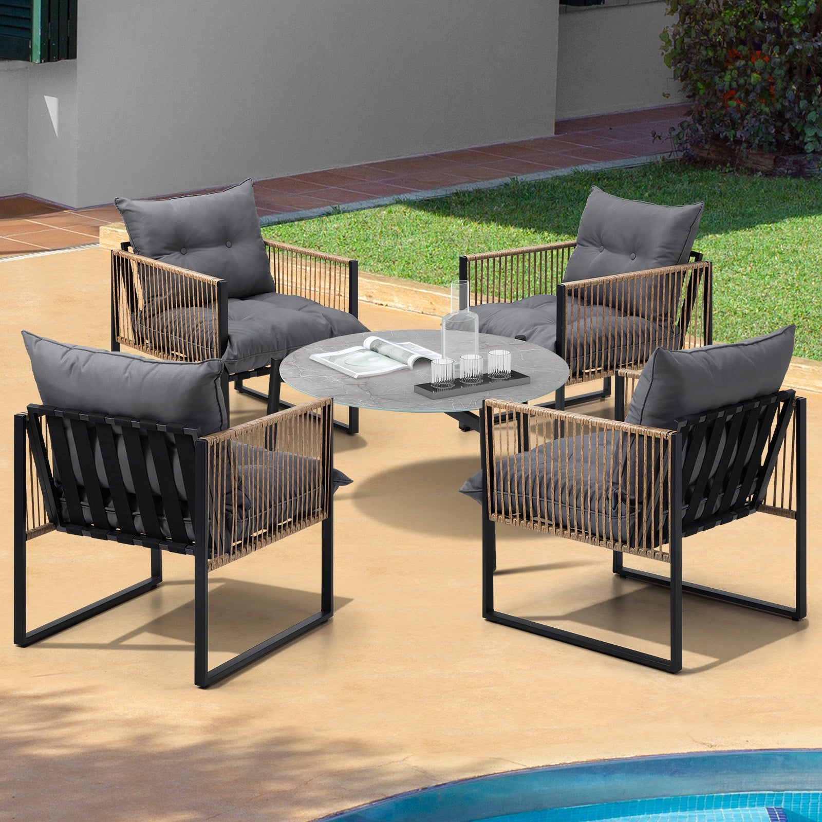 Livsip Outdoor Patio Set Furniture Grey 70cm Coffee Table Rattan Chairs 5PCS - Sunyee