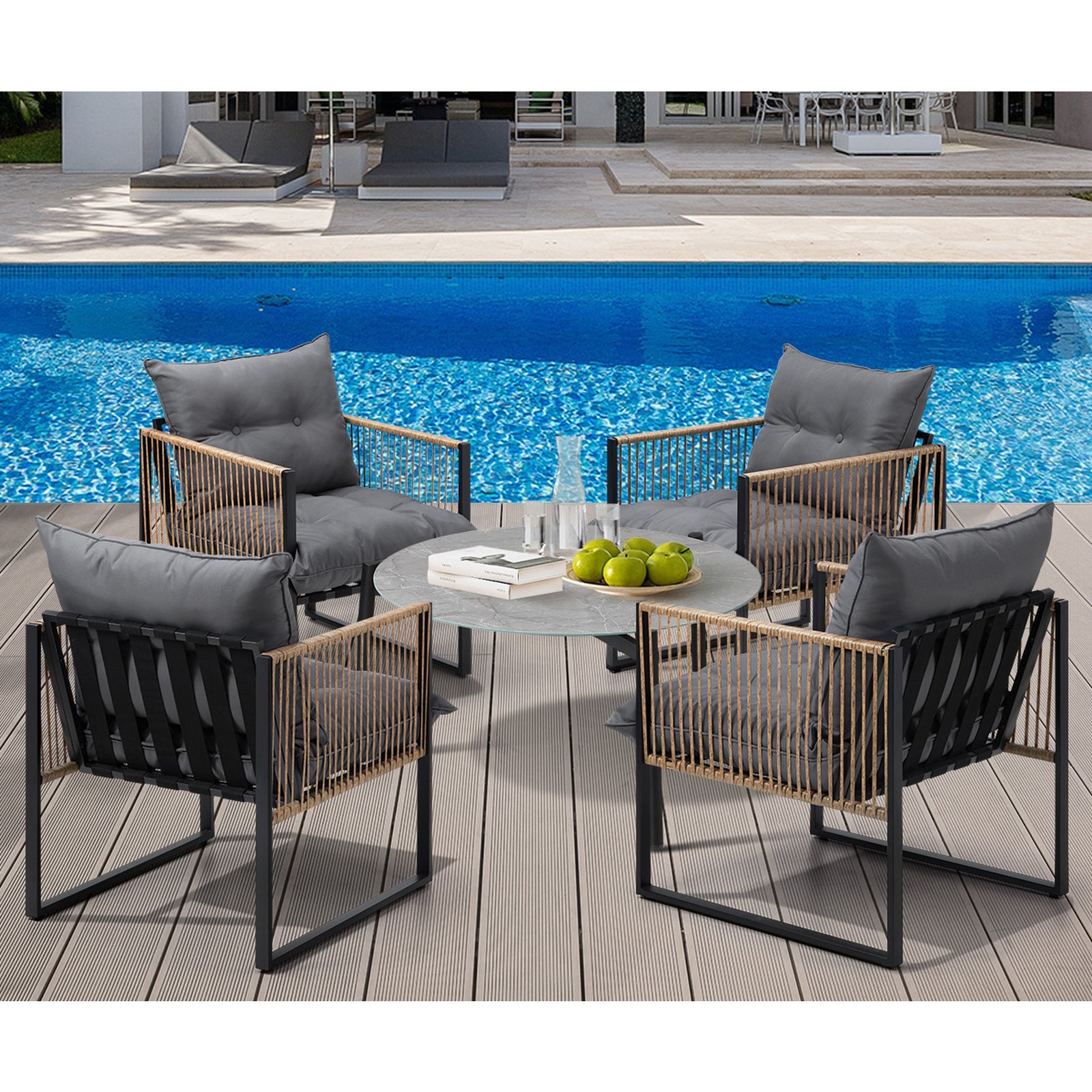 Livsip Outdoor Patio Set Furniture Grey 70cm Coffee Table Rattan Chairs 5PCS - Sunyee