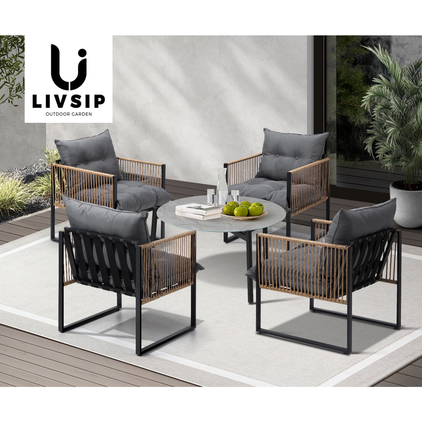Livsip Outdoor Patio Set Furniture Grey 70cm Coffee Table Rattan Chairs 5PCS - Sunyee