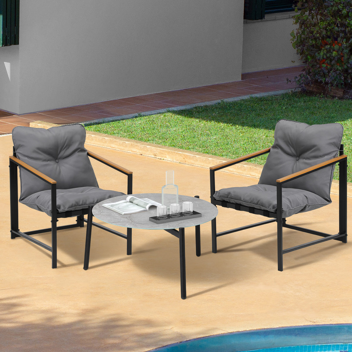 Livsip 3PC Outdoor Patio Furniture Set Bistro Sets 70CM Round Grey Marble Table - Sunyee