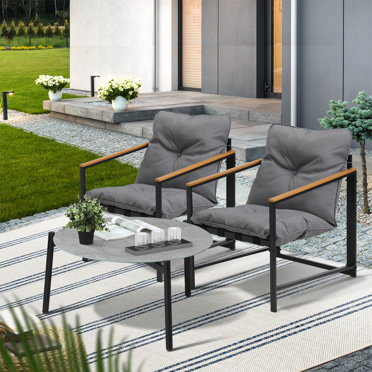 Livsip 3PC Outdoor Patio Furniture Set Bistro Sets 70CM Round Grey Marble Table - Sunyee