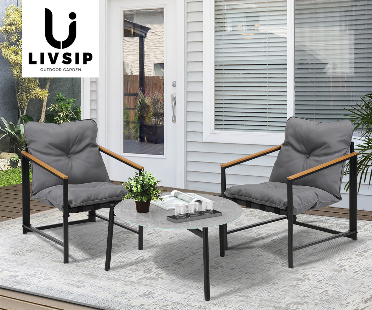 Livsip 3PC Outdoor Patio Furniture Set Bistro Sets 70CM Round Grey Marble Table - Sunyee