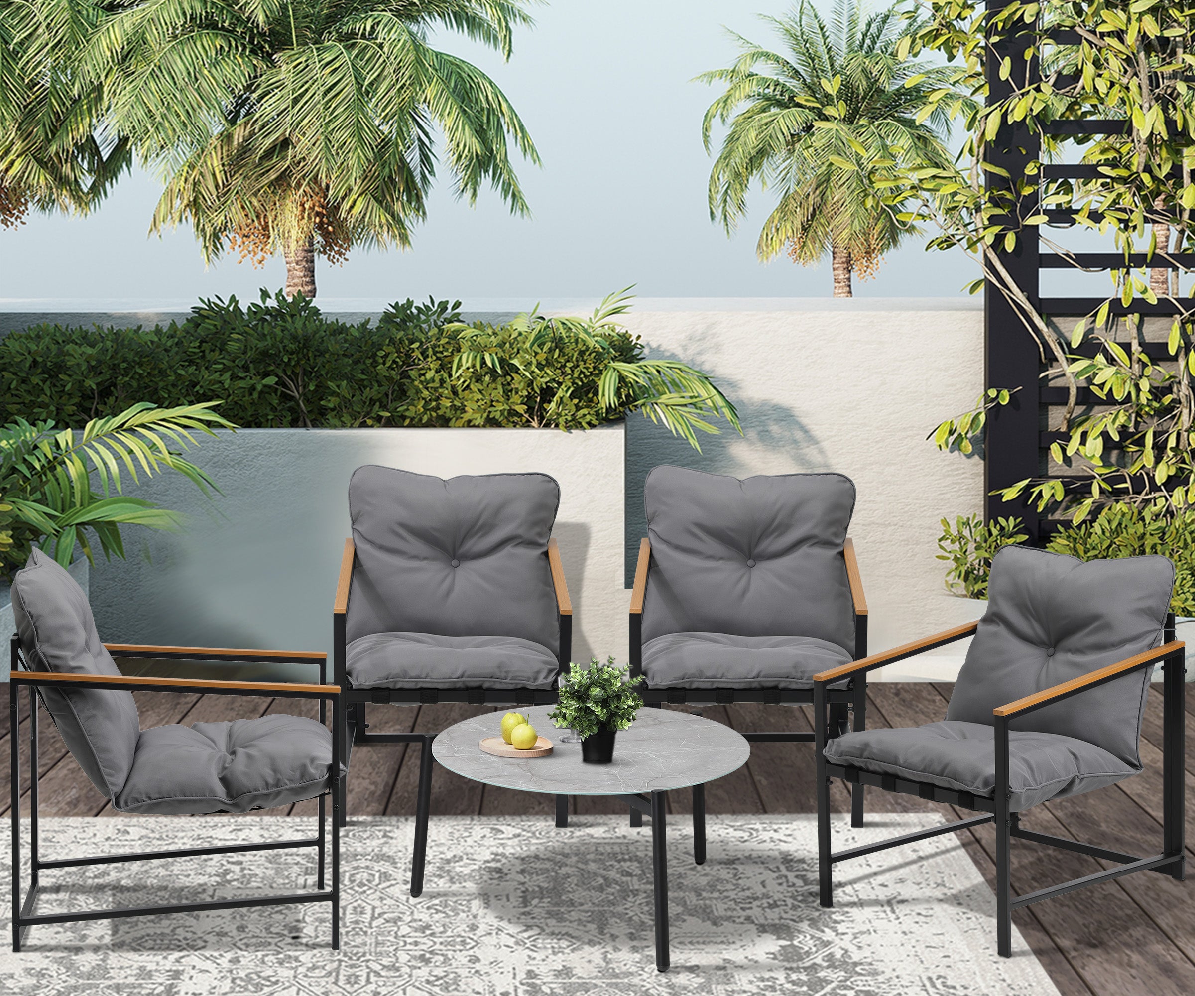 Livsip 5PC Outdoor Patio Furniture Set Bistro Sets 70CM Round Grey Marble Table - Sunyee