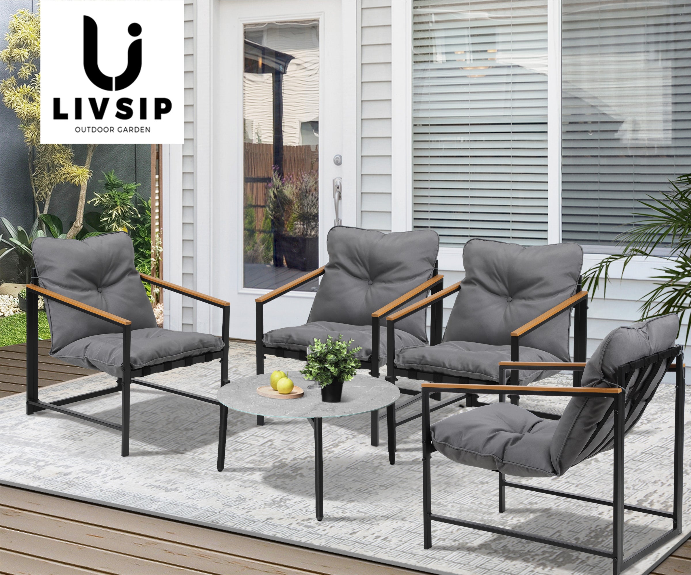 Livsip 5PC Outdoor Patio Furniture Set Bistro Sets 70CM Round Grey Marble Table - Sunyee