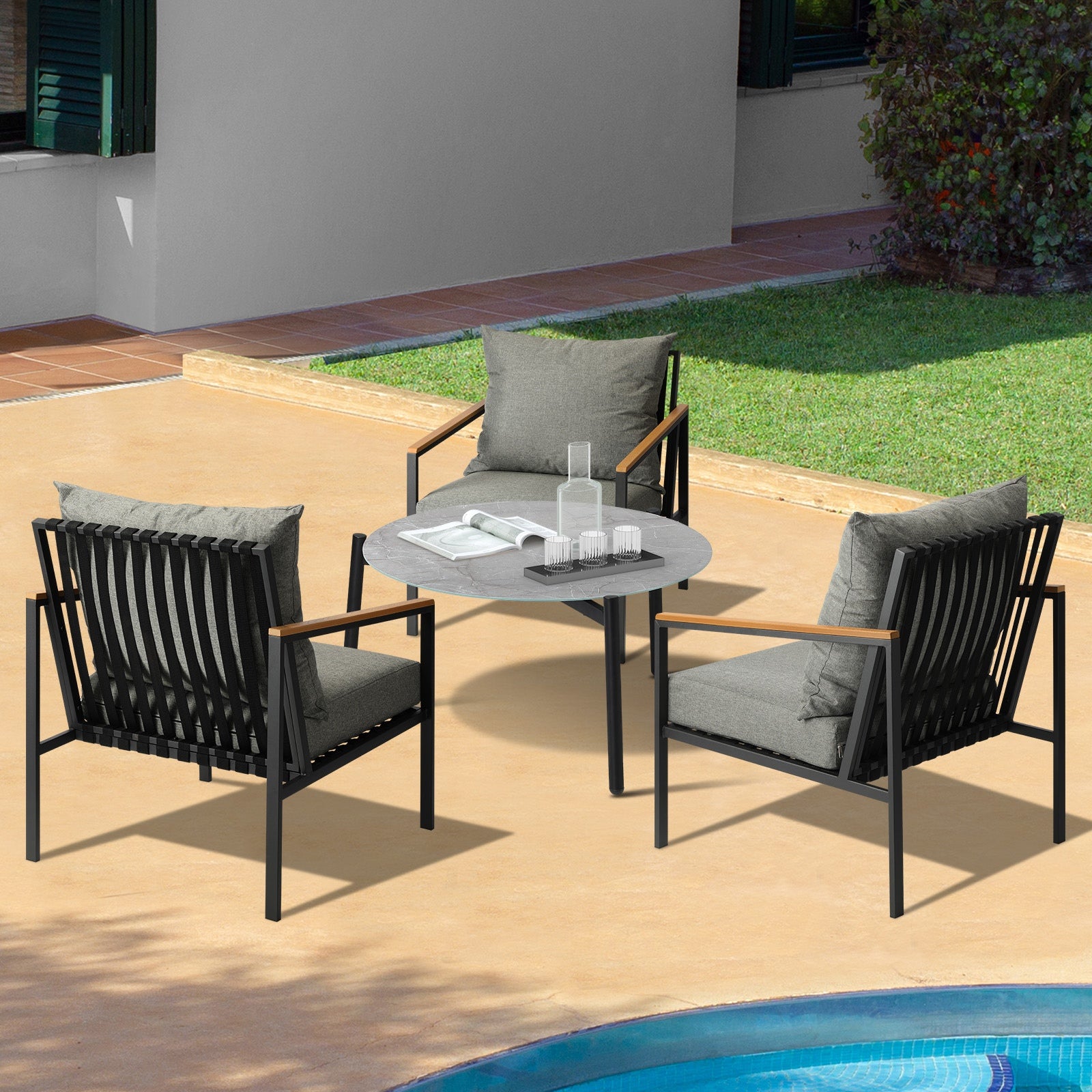 Livsip Outdoor Lounge Set Patio Furniture Coffee Grey 70cm Table Chairs 4PCS - Sunyee